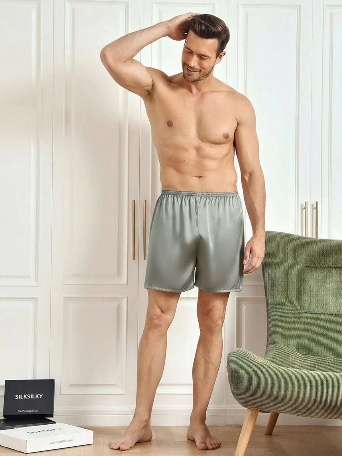 [Grågrønn] SilkSilky-NO 19Momme Mens Sleep Bottoms 005