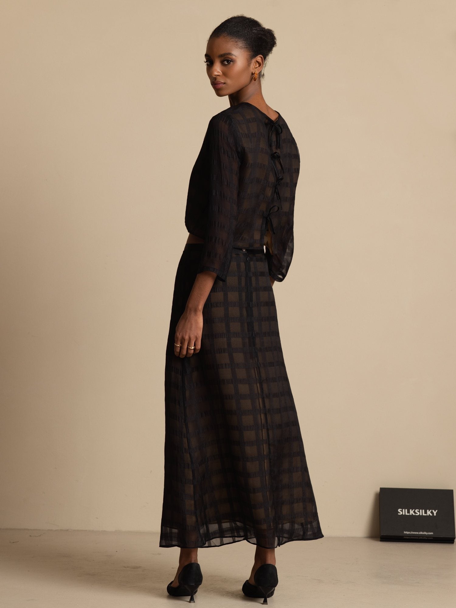 [Svart] SilkSilky-NO Ren Silke Langermet Rund Hals Women''s Outfit Sets 002