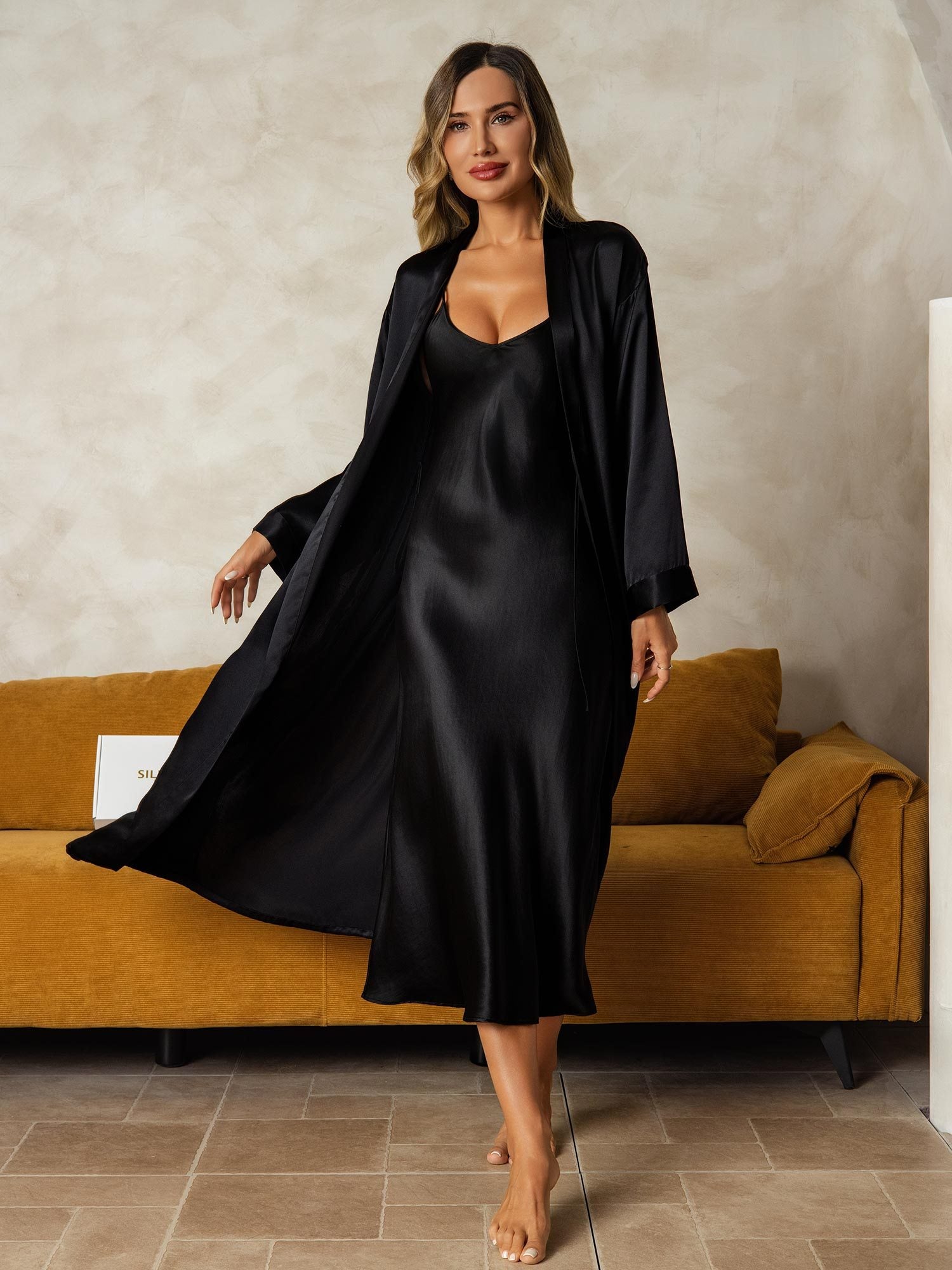 [Svart] SilkSilky-NO Silke Nightgown&Robe Set 001