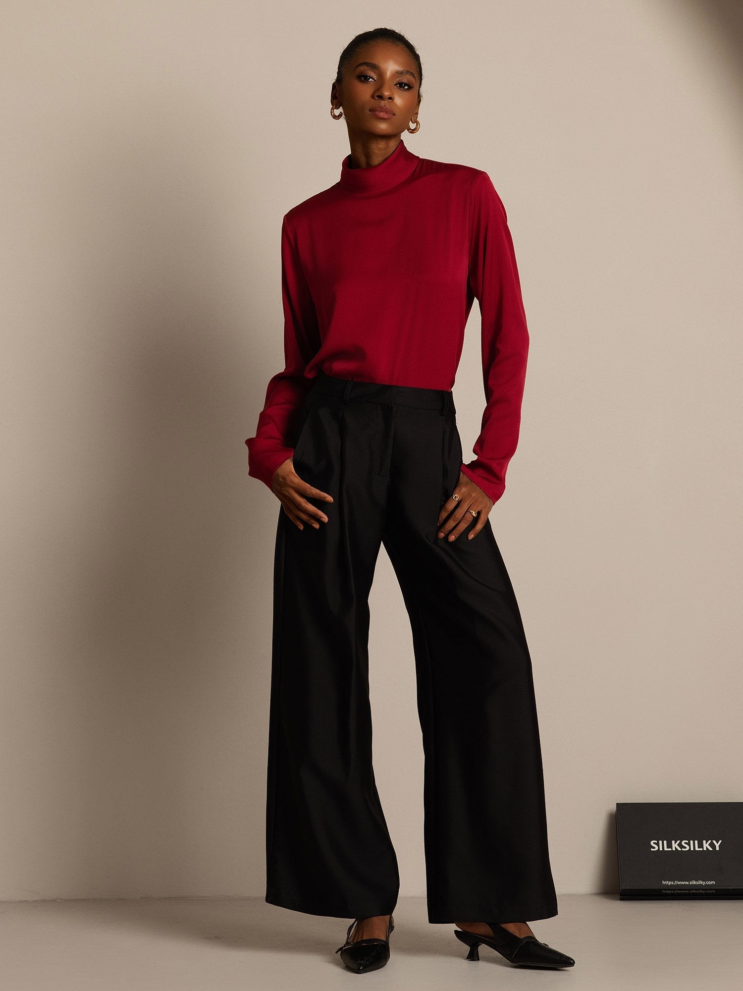 [Svart] SilkSilky-NO 32Momme Silk-Wool Blend Womens Pants 005,