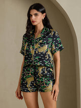 [Svart Serval] SilkSilky-NO Short Sleeve Notch Collar Pyjamas for Kvinner 005