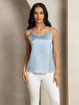 [Gråblå] SilkSilky-NO 19Momme Spaghetti Stropp Dyp Rund Halsutringning Camisole Topp 001