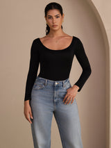 [Svart] SilkSilky-NO Long Sleeve U-hals T-skjorte for Kvinner 004