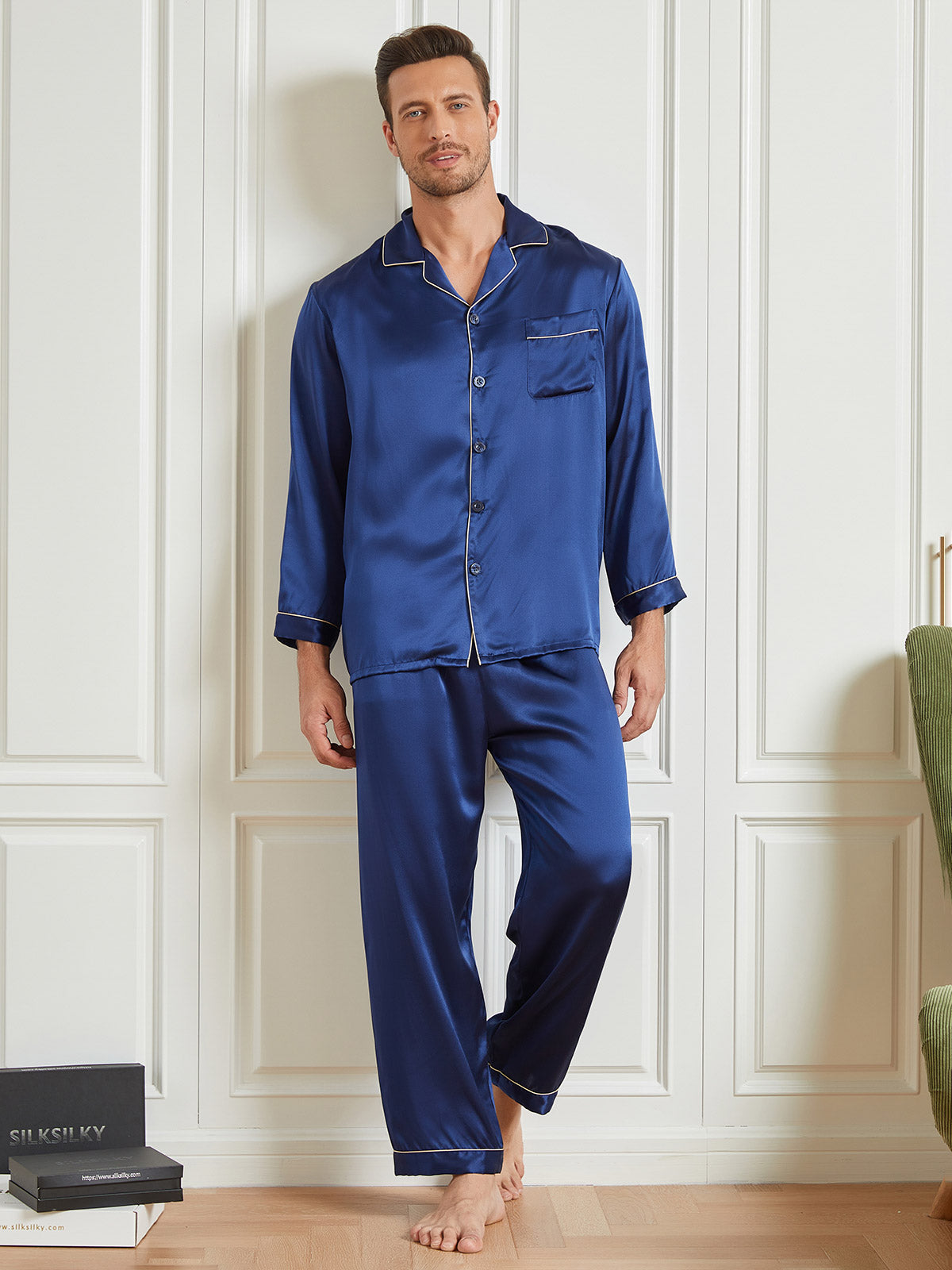 [Mørke blå] SilkSilky-NO 19Momme Mens Pajamas 004