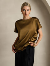 [Brun] SilkSilky-NO 19Momme Kort erm Båtringning T-skjorte for Kvinner 003