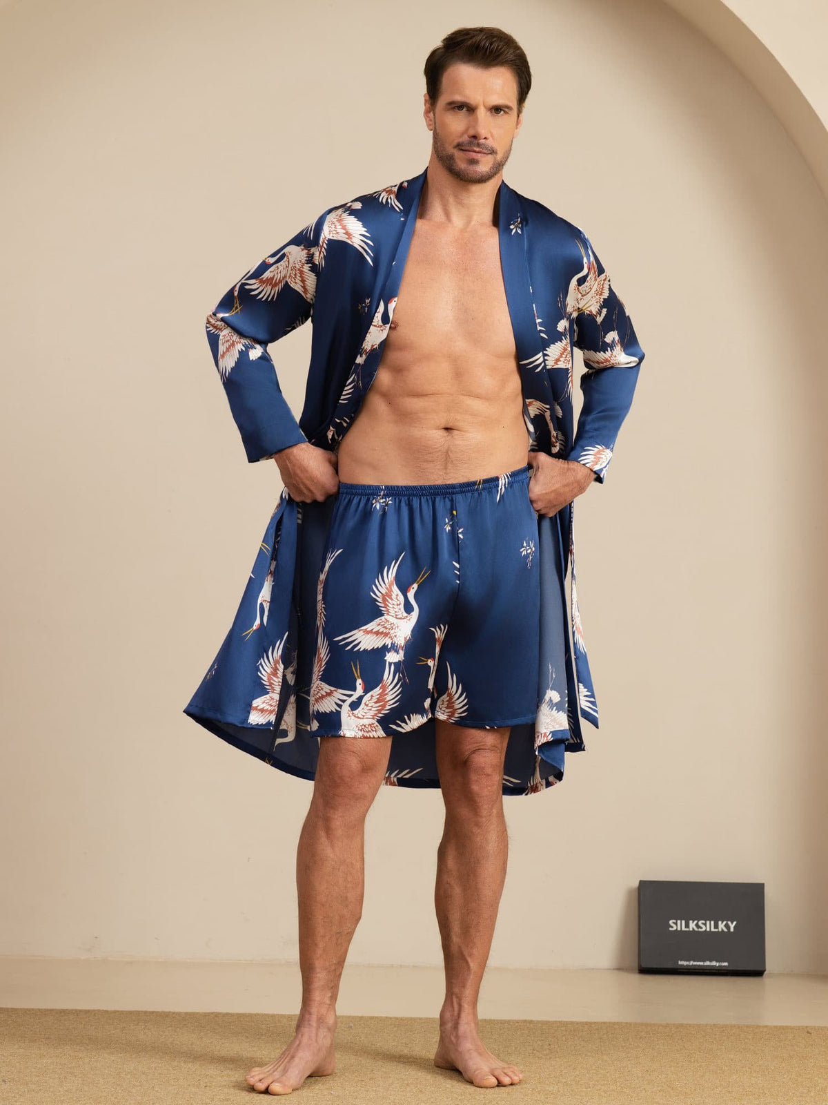 [Mørke blå] SilkSilky-NO 19Momme Long Sleeve Mens Pajamas 001