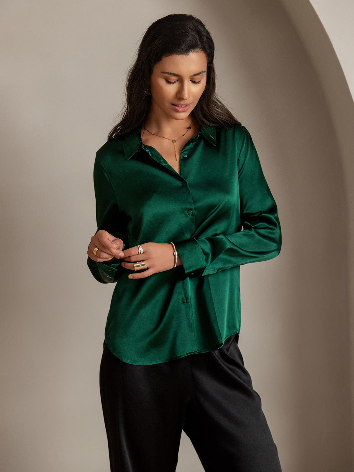 SilkSilky  Silk Blend Long Sleeve Collar Women's Shirt DarkGreen 004