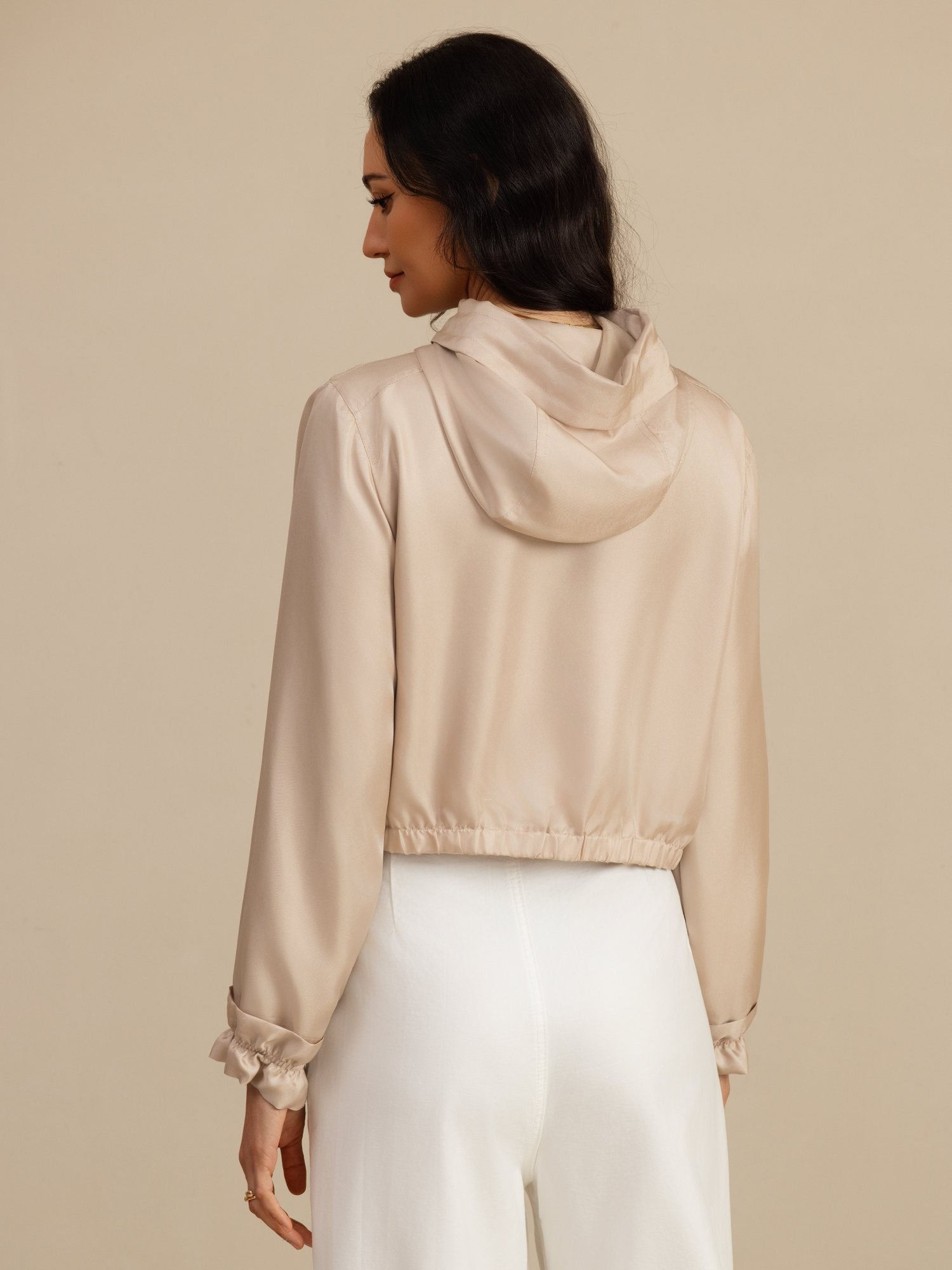 [Tan] SilkSilky-NO 18Momme Langermet Høy Hals Yttertøy for Kvinner 002