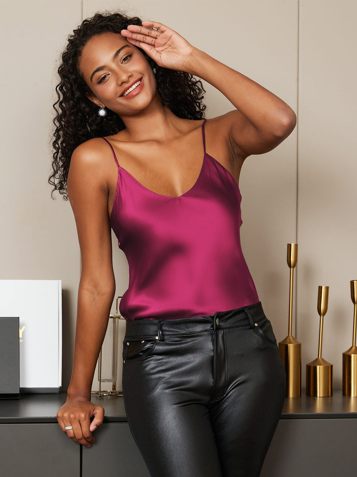 [Fuchsia] SilkSilky-NO V-Hals Camisole Topp 001