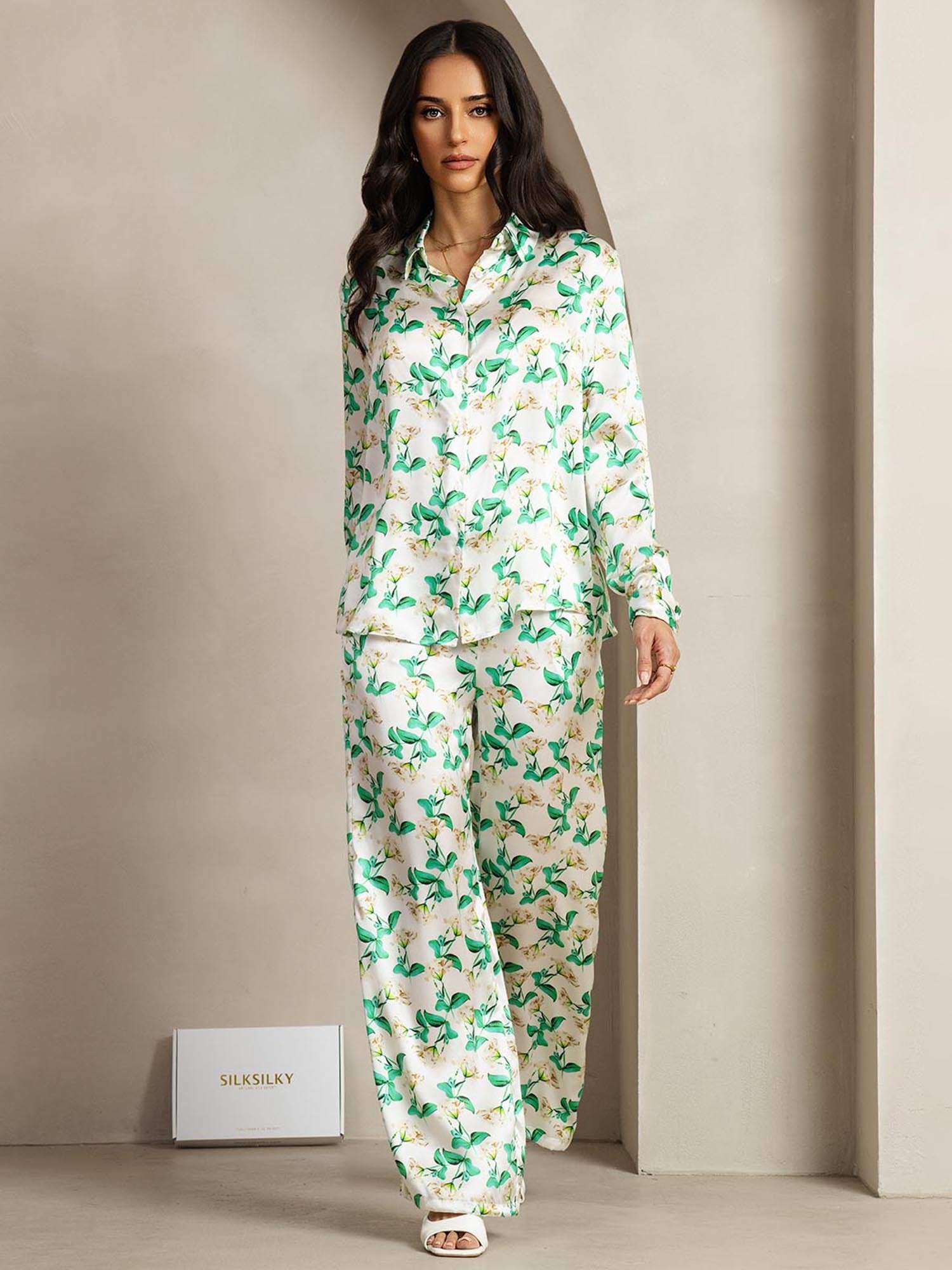 [GrønnBlomster] SilkSilky-NO 19Momme Silke Lapel Collar Women''s Outfit Sets 002