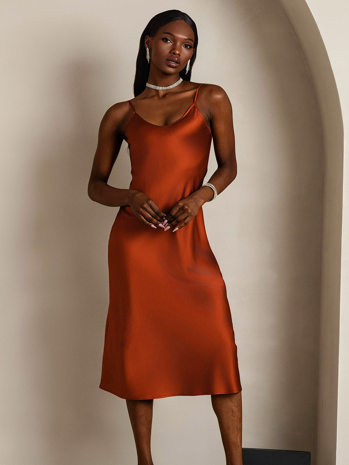 [Karamell] SilkSilky-NO Pure Silk Sleeveless Round Neck Kjole 003