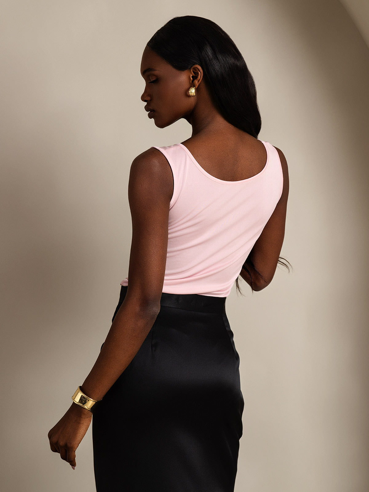 [Rosa] SilkSilky-NO Silk Knitted Sleeveless Round Neck T-skjorte for Kvinner 002