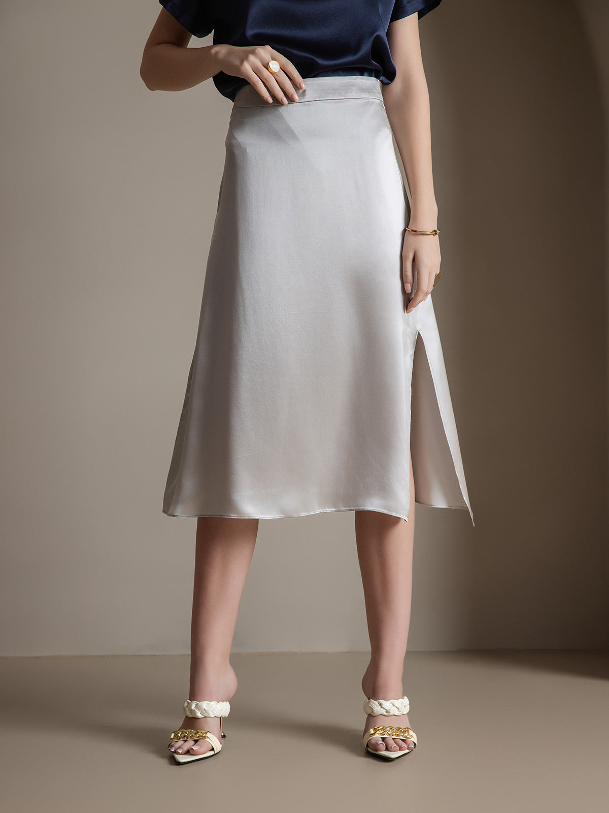 [Lysegrå] SilkSilky-NO 19Momme Silke Skirt 001