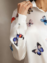 [Hvit Sommerfugl] SilkSilky-NO Long Sleeve Lapel Collar Skjorte for Kvinner 004
