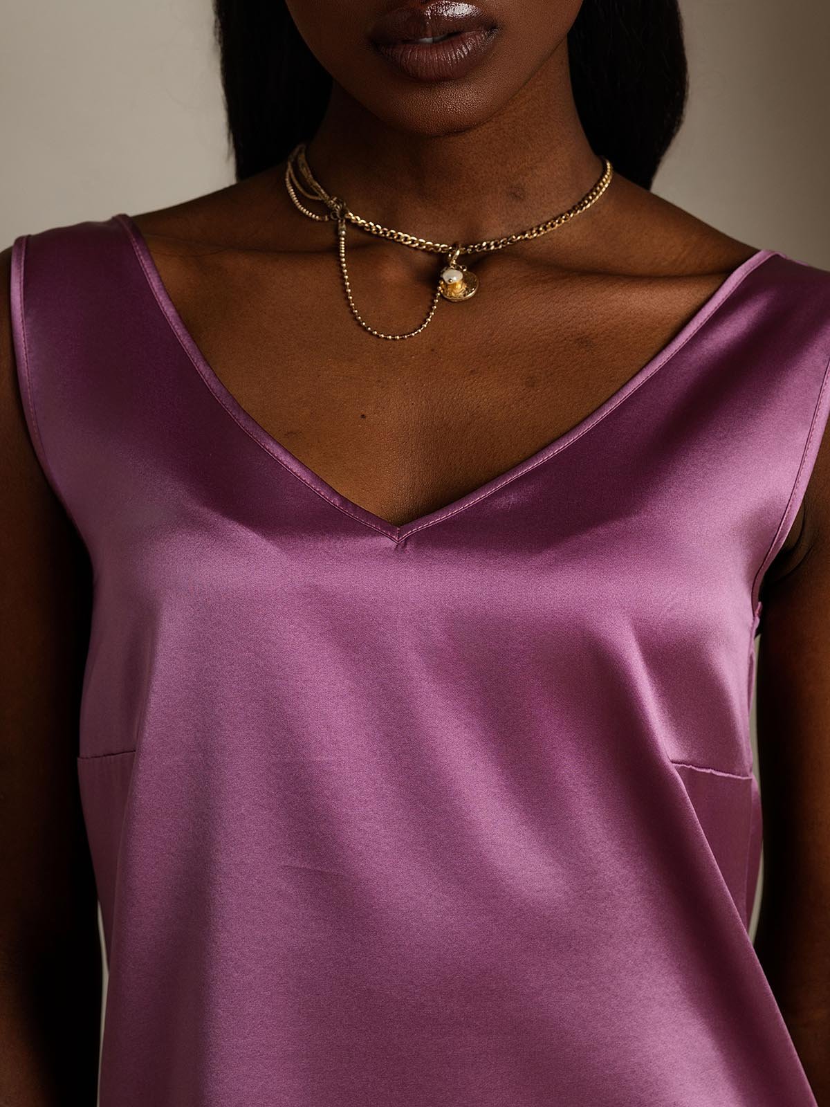 [Mørklilla] SilkSilky-NO 19Momme Silke V-Hals Camisole Topp 006