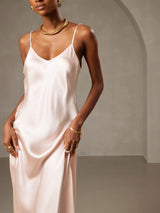 [Rosa] SilkSilky-NO Spaghetti Strap V Neck Kjole 005