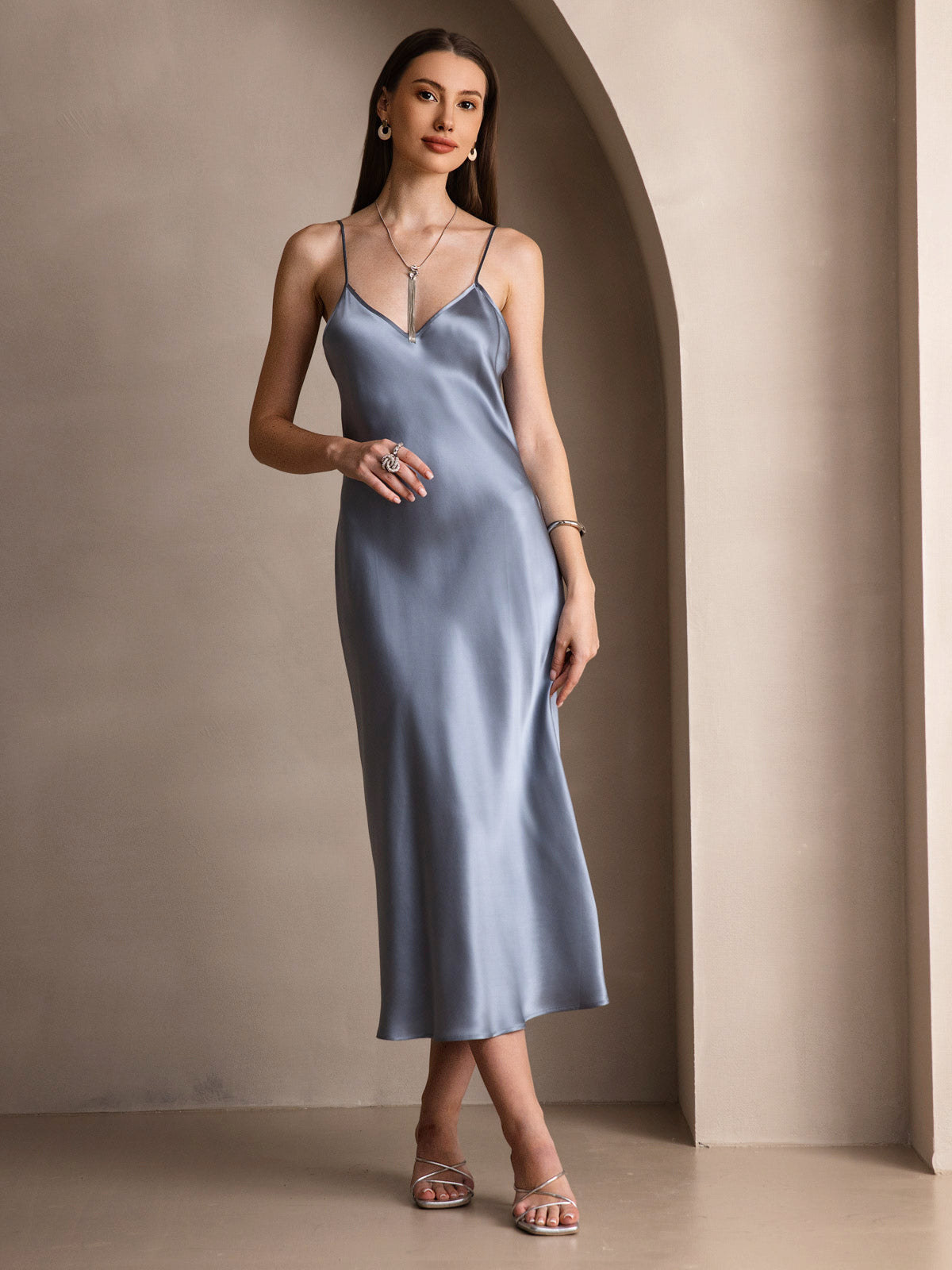 [Gråblå] SilkSilky-NO Pure Silk Sleeveless Round Neck Kjole 004