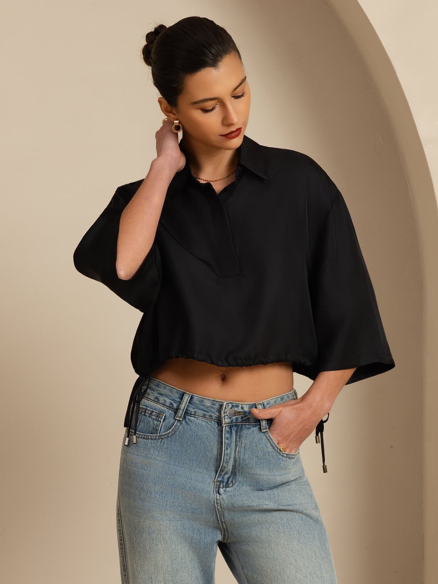 [Svart] SilkSilky-NO 18Momme Halv erme Slagkrage Bluse 005