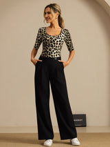 [Leopard] SilkSilky-NO Halv erme Dyp Rund Halsutringning T-skjorte for Kvinner 007