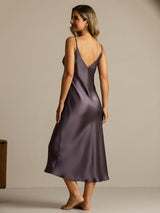 [Lilla Grå] SilkSilky-NO Spaghetti Strap V Neck Nattkjole 002