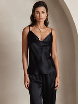 [Svart] SilkSilky-NO Spaghetti Strap Cowl Neck Camisole Topp 005