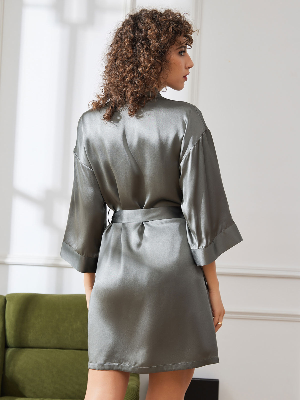 [Grågrønn] SilkSilky-NO Pure Silk Half Sleeve Womens Robe 002
