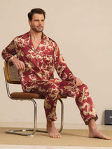 [Vinrød Drage] SilkSilky-NO Long Sleeve Lapel Collar Pyjamas for menn 001