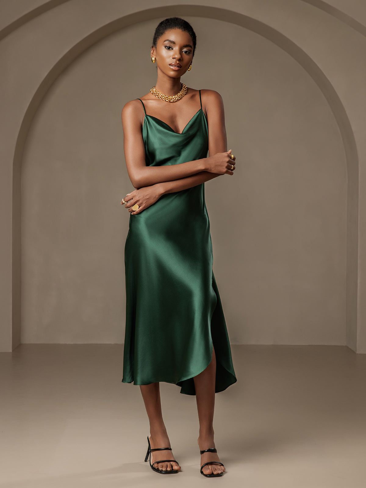 [Mørk Grønn] SilkSilky-NO 19Momme Cowl Neck Kjole 005