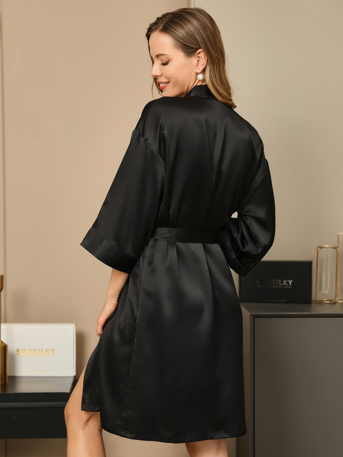 [Svart] SilkSilky-NO 3/4 Sleeve Morgenkåpe for Kvinner 002