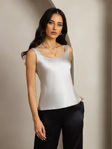 [Sølv] SilkSilky-NO 19Momme Ermeløs Dyp Rund Halsutringning Camisole Topp 001