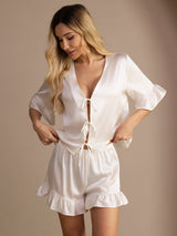 [Hvit] SilkSilky-NO Short Sleeve V Neck Pyjamas for Kvinner 003
