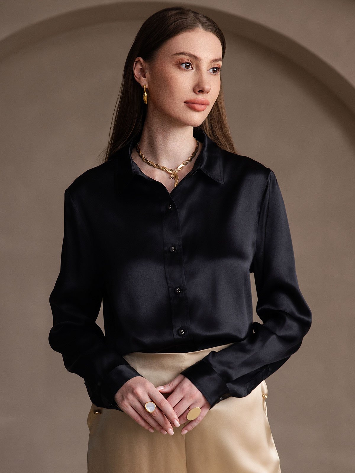 SilkSilky-NO 19Momme Silke Womens Shirt Svart 002