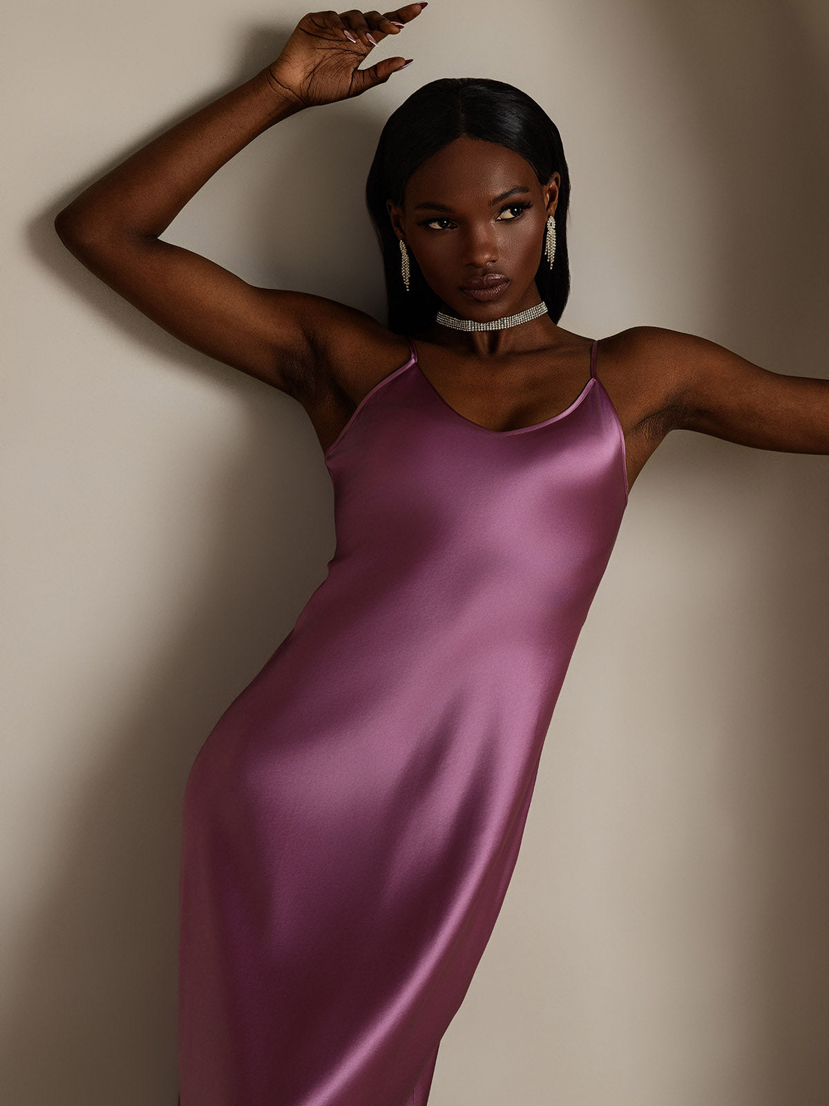 [Mørklilla] SilkSilky-NO Pure Silk Sleeveless Round Neck Kjole 007