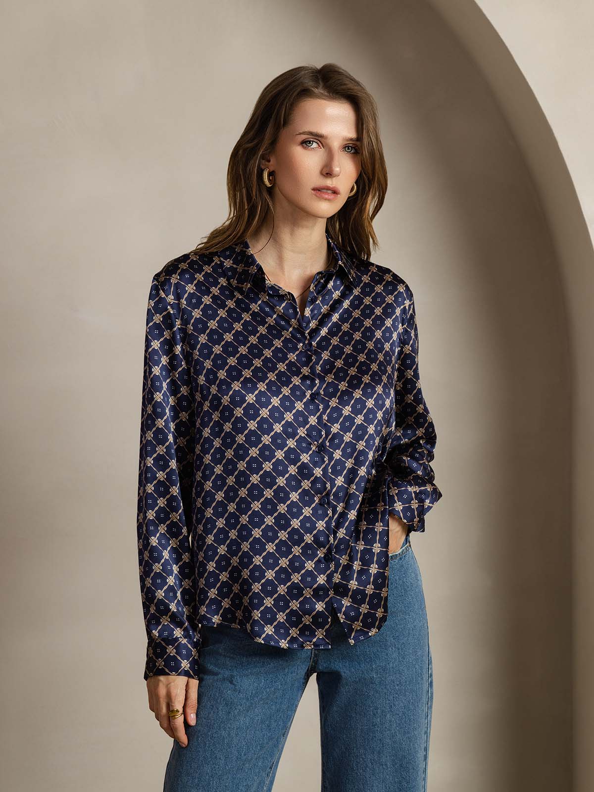 [Marine Kjede] SilkSilky-NO Silke Lapel Collar Skjorte for Kvinner 001