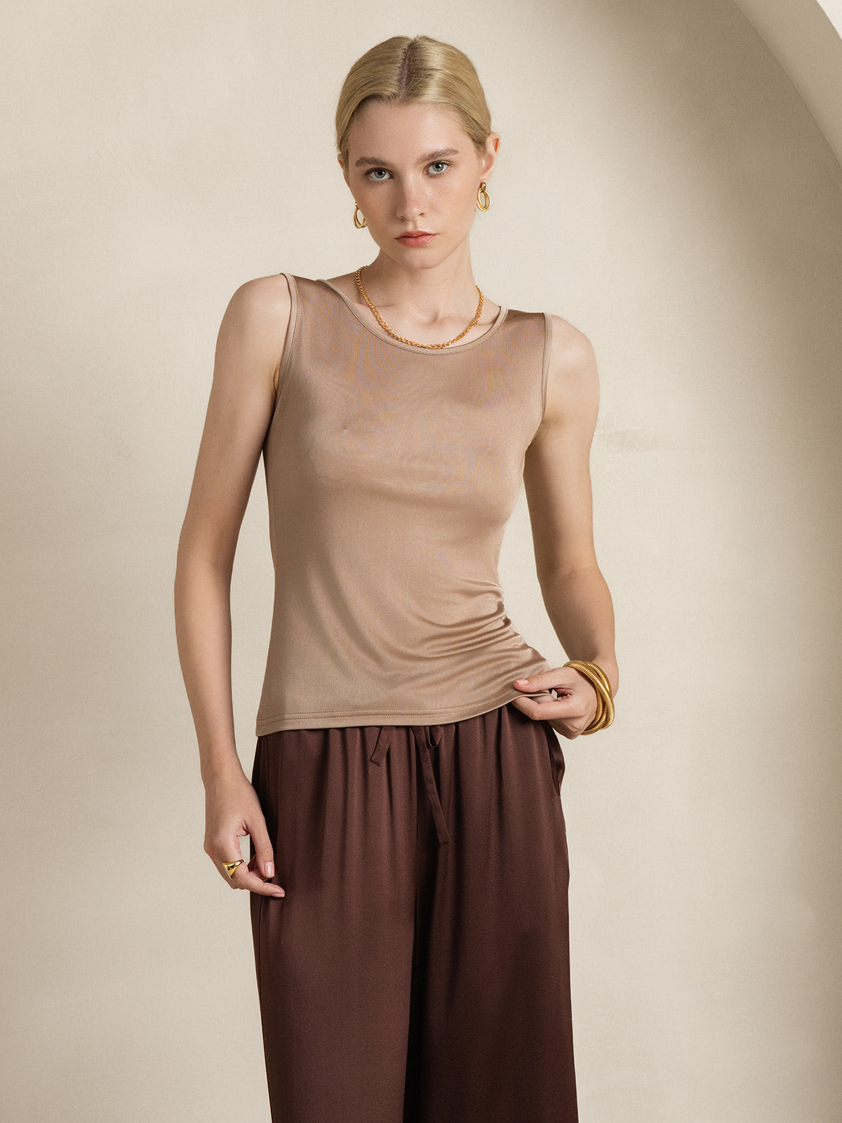 [Kaffe] SilkSilky-NO Silk Knitted Sleeveless Round Neck T-skjorte for Kvinner 006