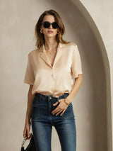 [Champagne] SilkSilky-NO Short Sleeve Lapel Collar Skjorte for Kvinner 003