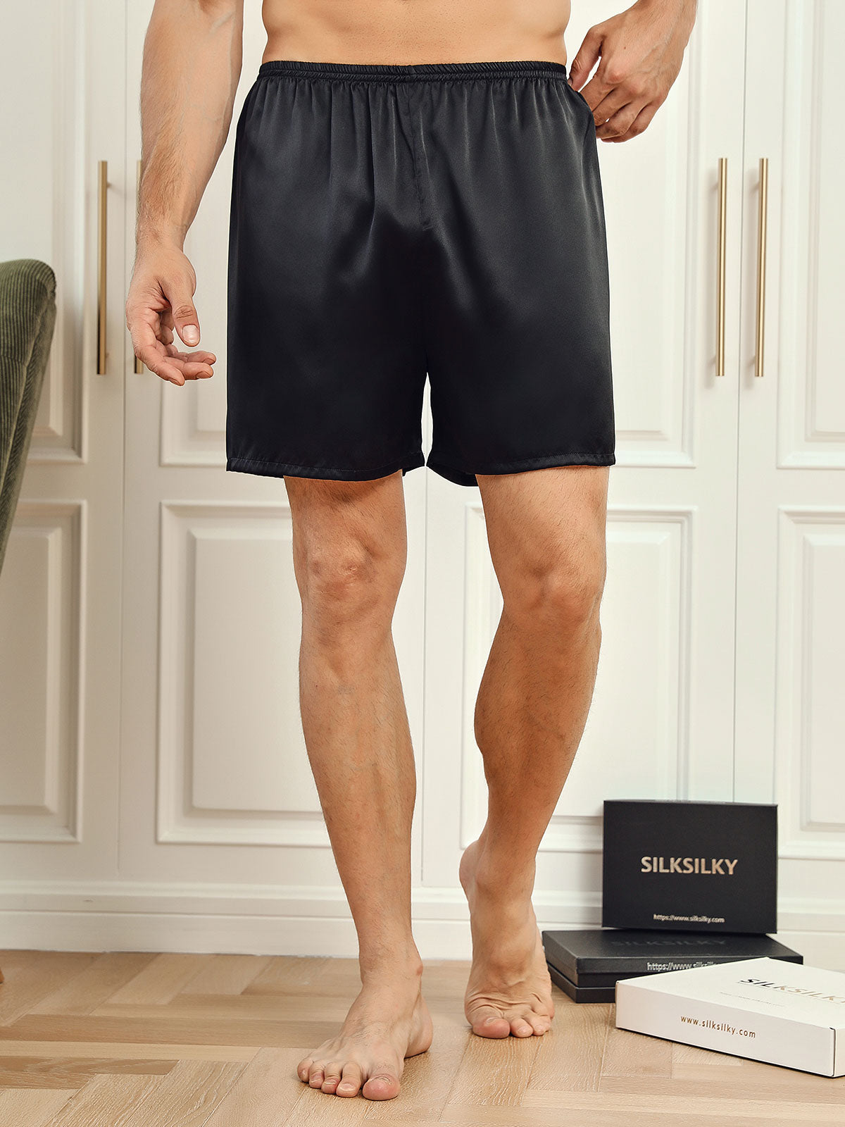 [Svart] SilkSilky-NO 19Momme Mens Sleep Bottoms 001
