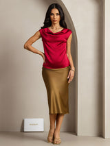 [Vin] SilkSilky-NO Cap Sleeve Cowl Neck T-skjorte for Kvinner 003
