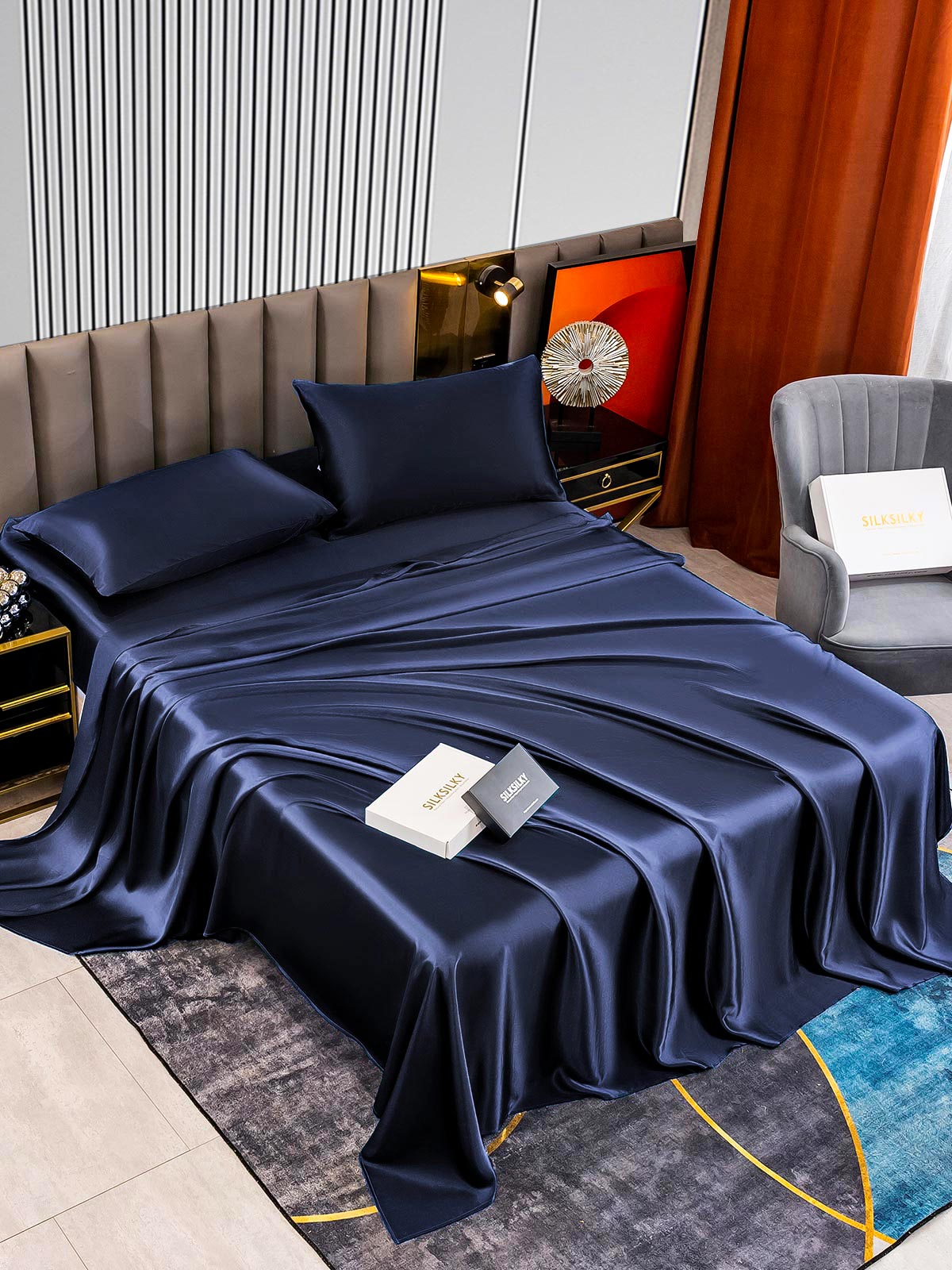 [Mørke blå] SilkSilky-NO 22Momme Bedding Set 002