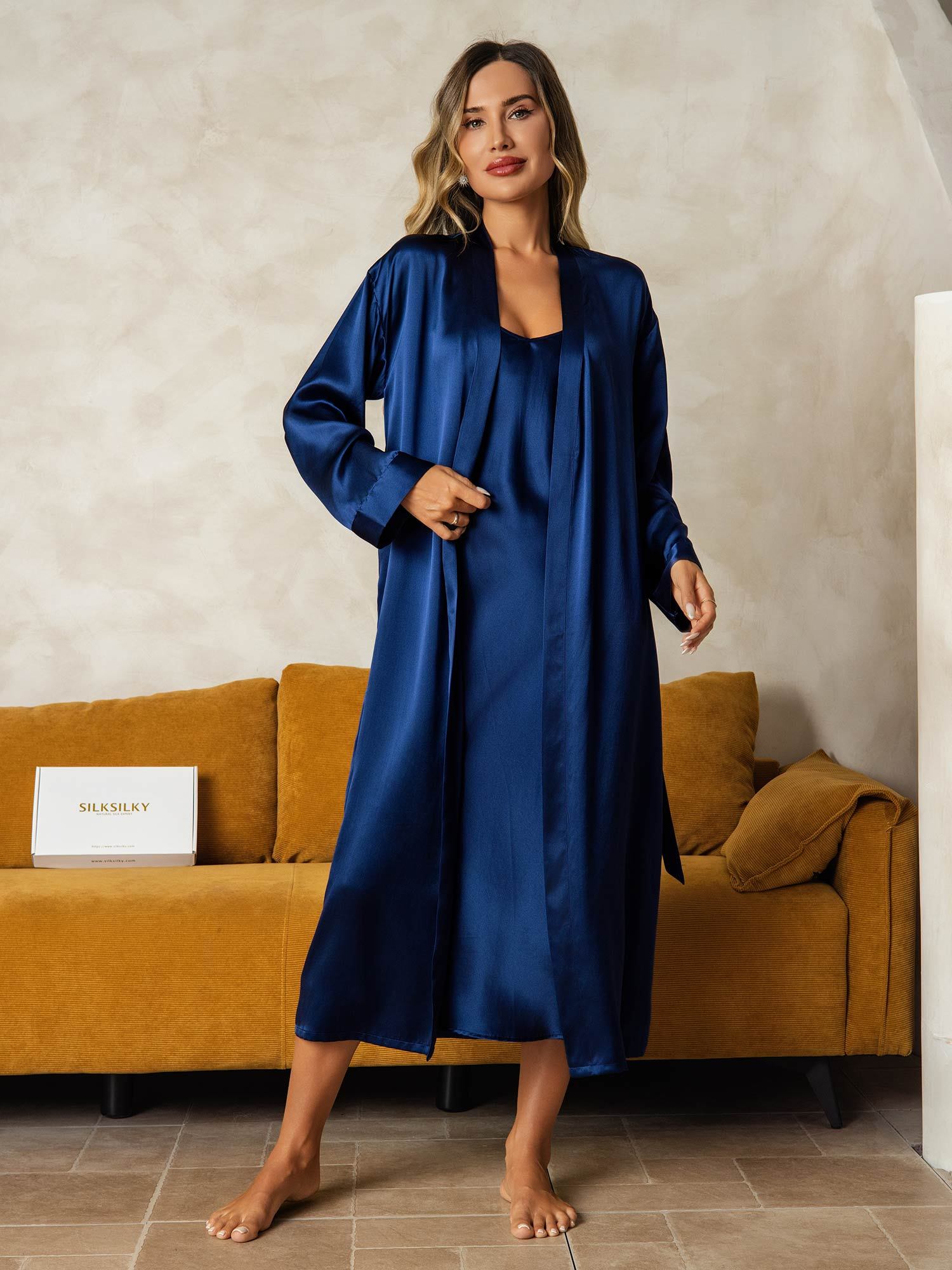 [Mørke blå] SilkSilky-NO Silke Nightgown&Robe Set 008
