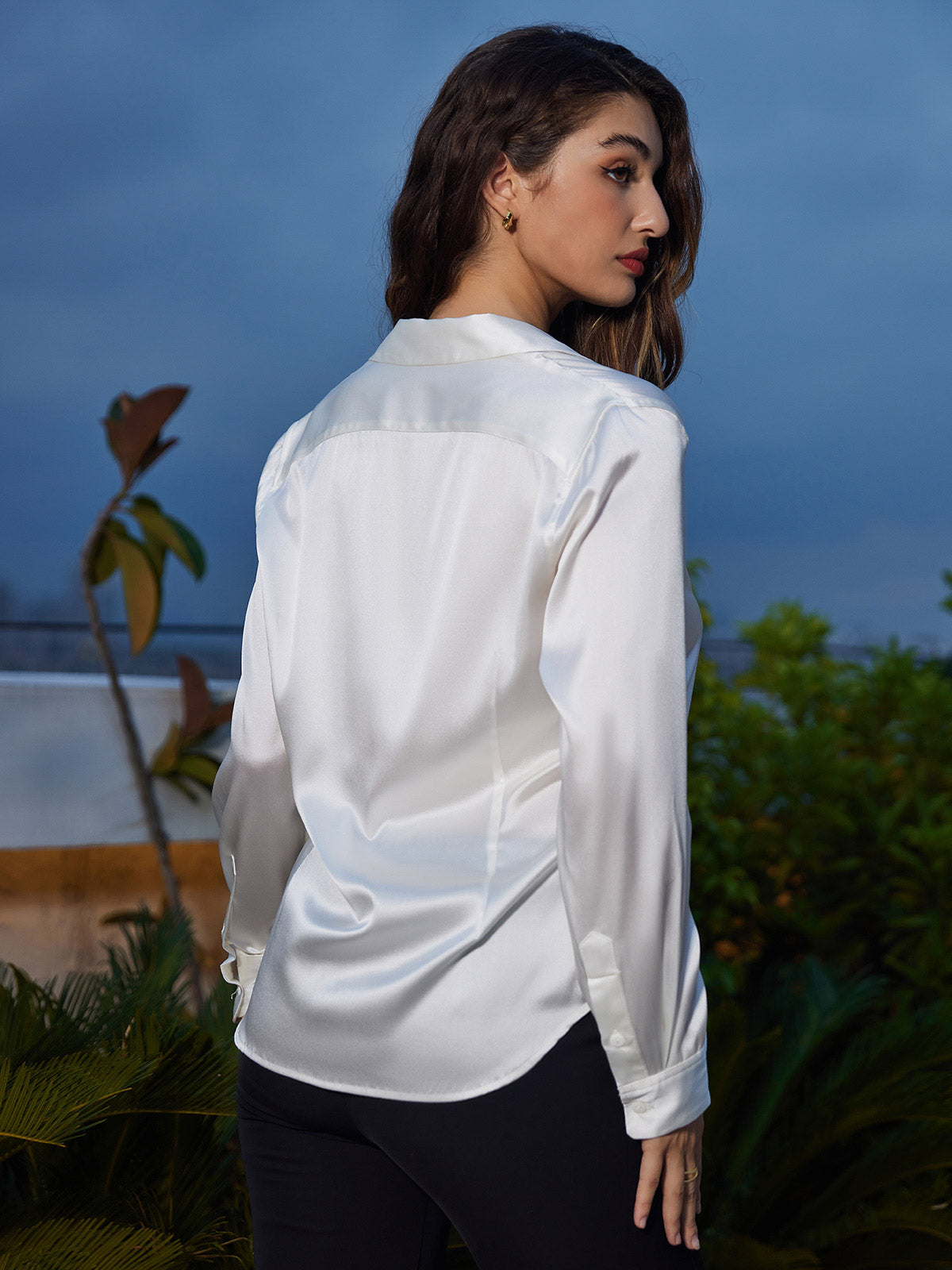 [Hvit] SilkSilky-NO Silke Long Sleeve Collar Skjorte for Kvinner 002