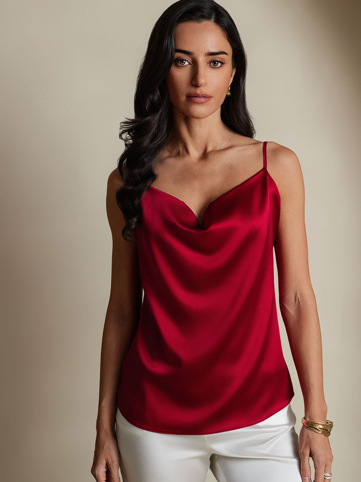[Vin] SilkSilky-NO 19Momme Silke Cowl Neck Camisole Topp 001