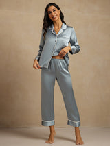 [Gråblå] SilkSilky-NO Long Sleeve Lapel Collar Pyjamas for Kvinner 003