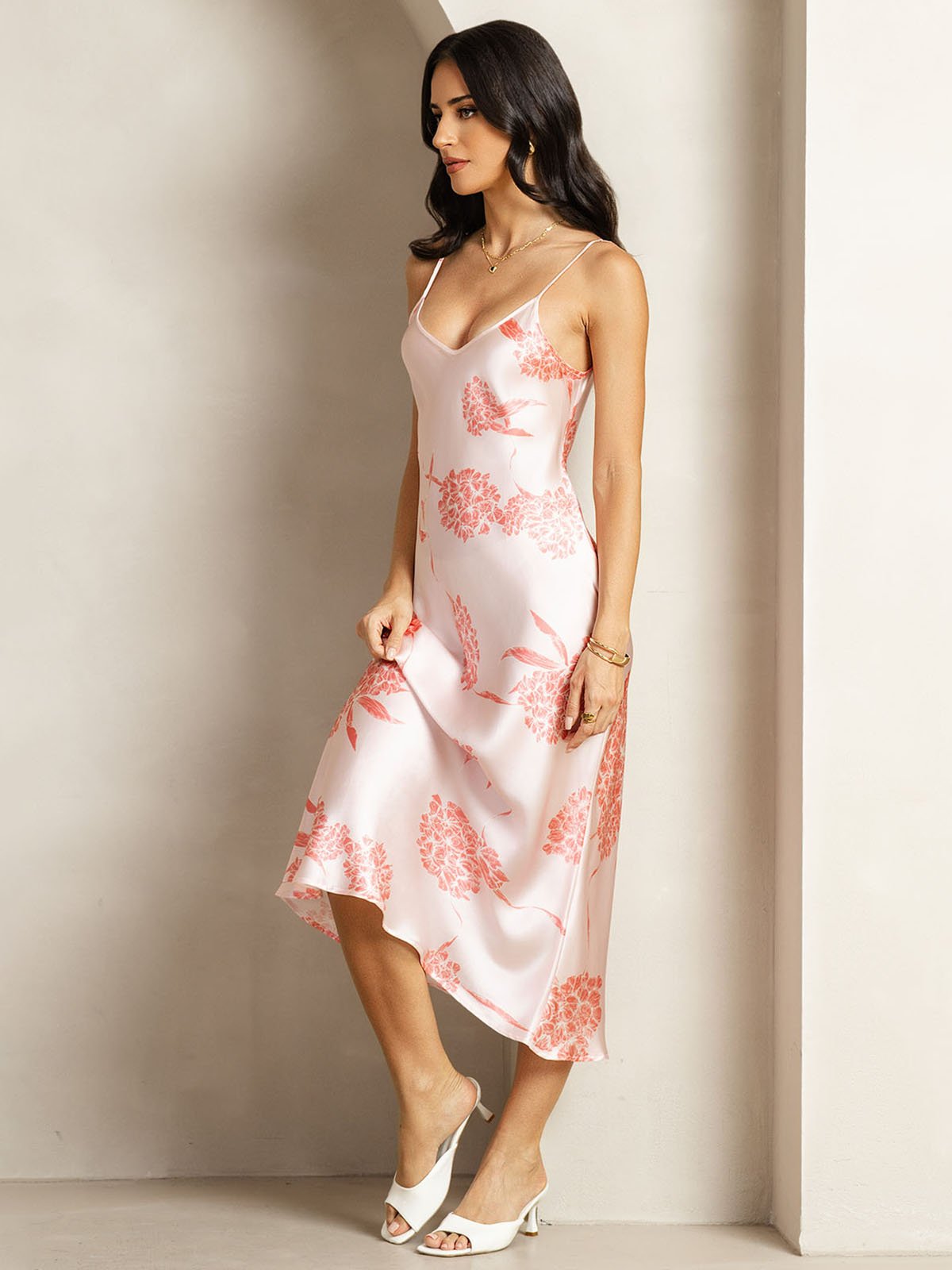 [Korallblomster] SilkSilky-NO 19Momme Silke V-Hals Kjole 004