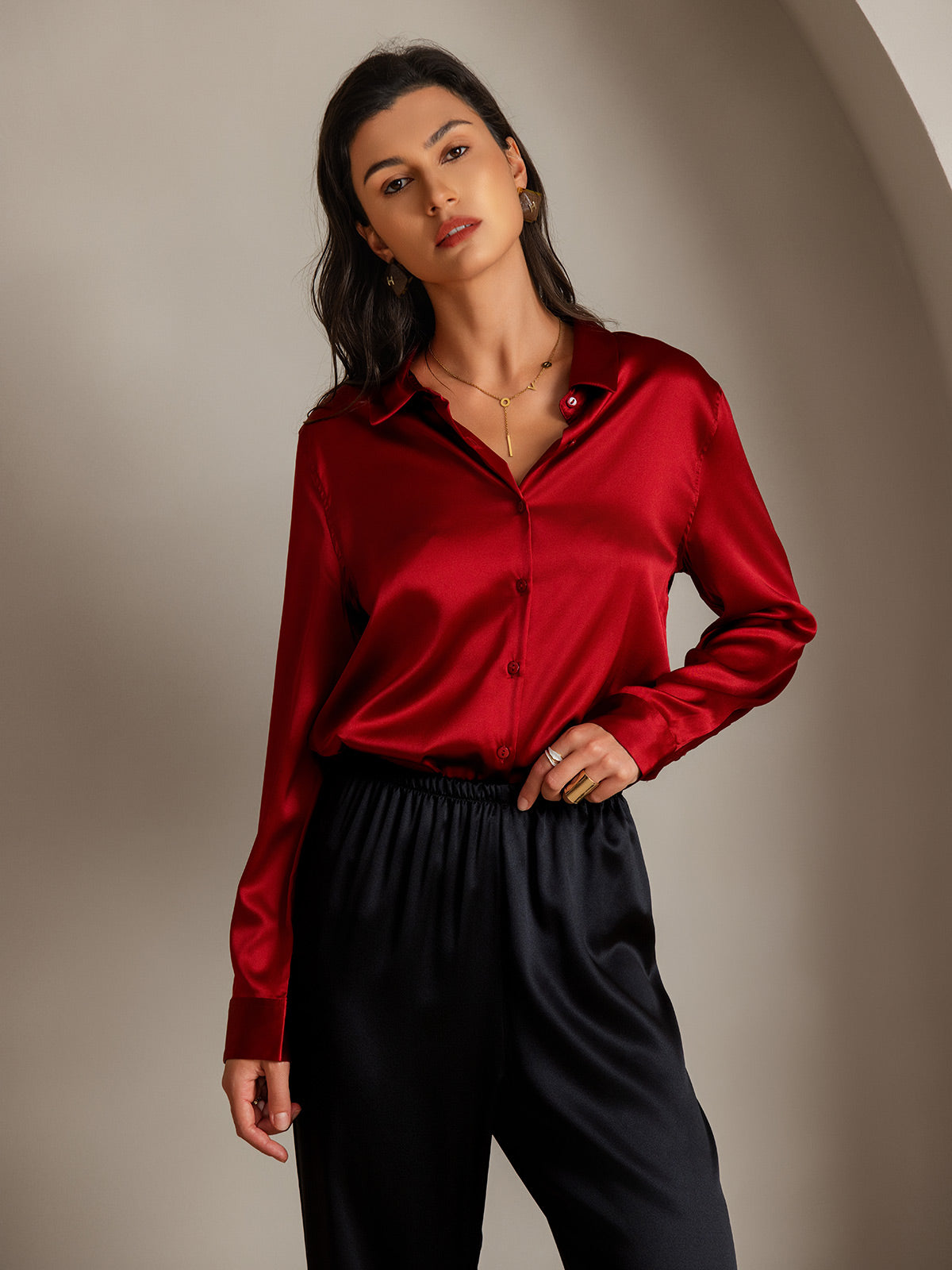 [Rød] SilkSilky-NO Silke Lapel Collar Skjorte for Kvinner 004
