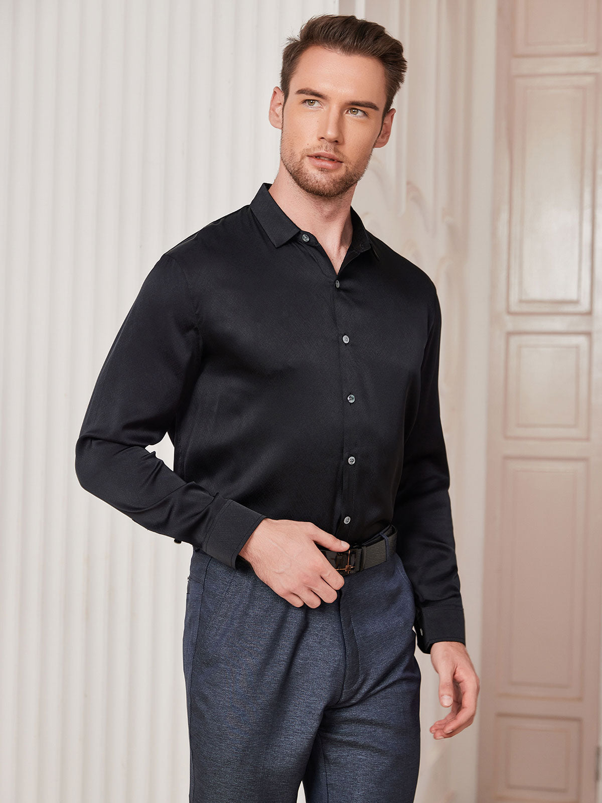 [Svart] SilkSilky-NO Silke Mens Shirt 004