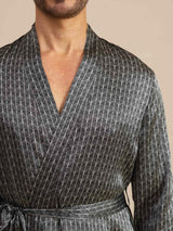[Svart Ginkgo] SilkSilky-NO Long Sleeve V Neck Morgenkåpe for Menn 005