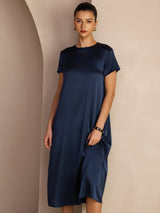 [Mørke blå] SilkSilky-NO Short Sleeve Round Neck Kjole 006