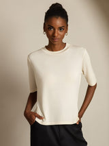 [Beige] SilkSilky-NO Halv erme Crew Neck T-skjorte for Kvinner 003