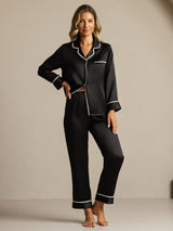 [Svart] SilkSilky-NO Long Sleeve Lapel Collar Pyjamas for Kvinner 006